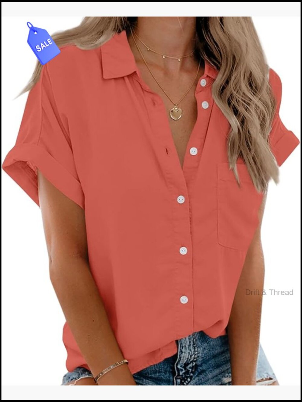 Short Sleeve V-Neck Button Down Shirt with Pockets
